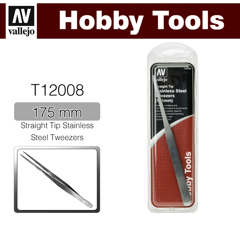 Vallejo Hobby Tools _ T12008 _ Straight Tip Stainless Steel Tweezers (175 mm)