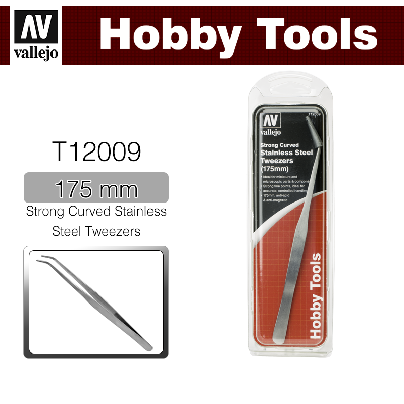Vallejo Hobby Tools _ T12009 _ Strong Curved Stainless Steel Tweezers (175 mm)