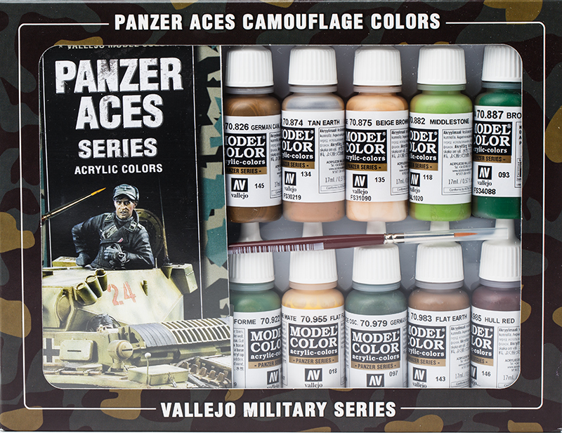 Vallejo Paint Set  _ 70179 _ Panzer Aces Camouflage (16 Colors, 1 Brush, Model Color)(*단종)