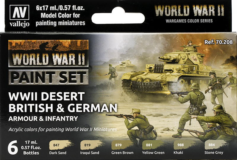 Vallejo Paint Set  _ 70208 _ Flames of War Series _ WWII Paint Set Desert British & German Armour & Infantry ( 6 Model Colors )