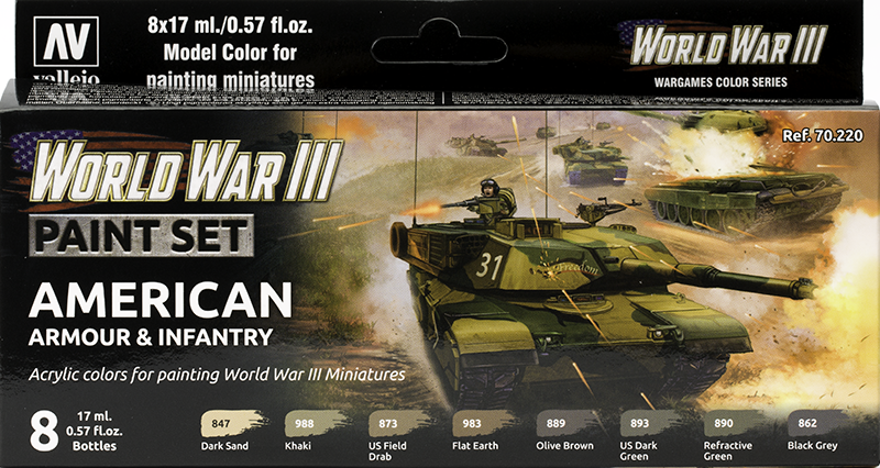 Vallejo Paint Set  _ 70220 _ Flames of War Series _ WWIII Paint Set American Armour & Infantry ( 8 Model Colors )