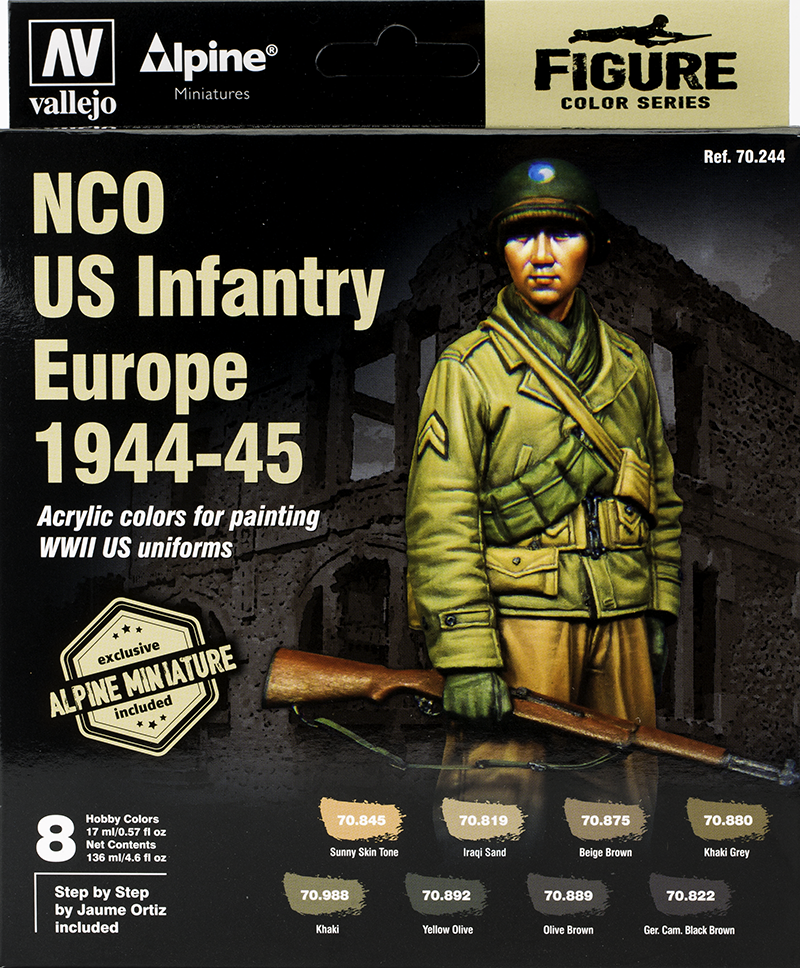 Vallejo Paint Set  _ 70244 _ Figure Color Series _ NCO US Infantry Europe 1944-45 ( 8 colors + 1/35 scale Alpine Miniature figure )