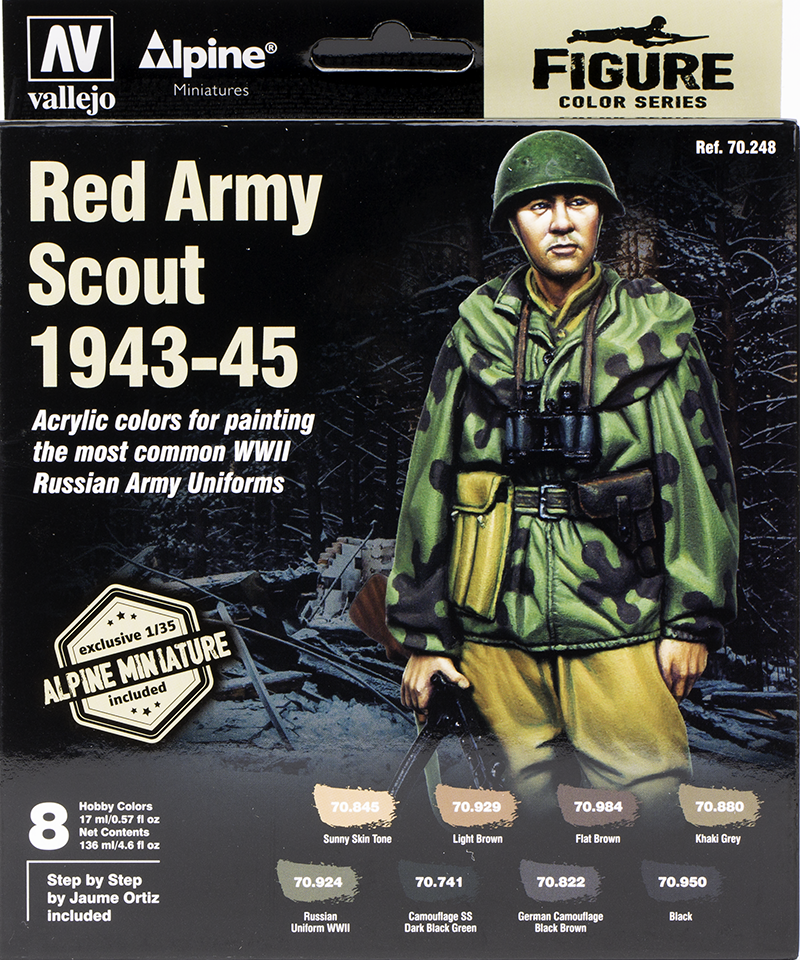 Vallejo Paint Set  _ 70248 _ Figure Color Series _ Red Army Scout 1943-45 ( 8 colors + 1/35 scale Alpine Miniature figure )
