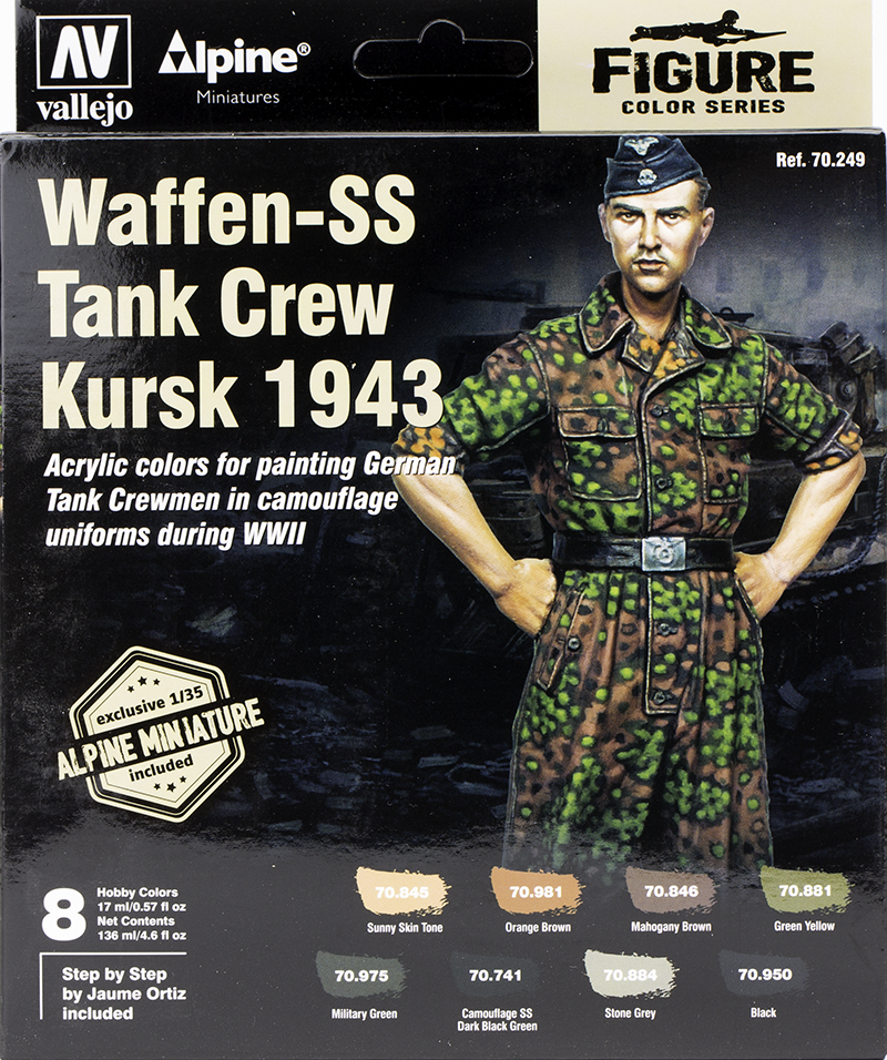 Vallejo Paint Set  _ 70249 _ Figure Color Series _ Waffen-SS Tank Crew, Kursk 1943 ( 8 colors + 1/35 scale Alpine Miniature figure )