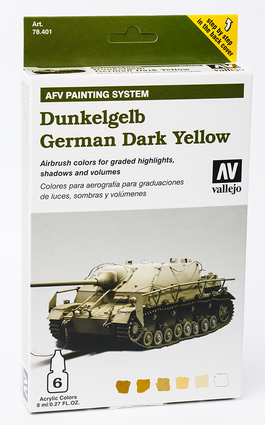 Vallejo Paint Set  _ 78401 _ AFV Painting System _ German Dark Yellow (4 Colors, 1 Surface Primer, 1 Varnish, Model Air)