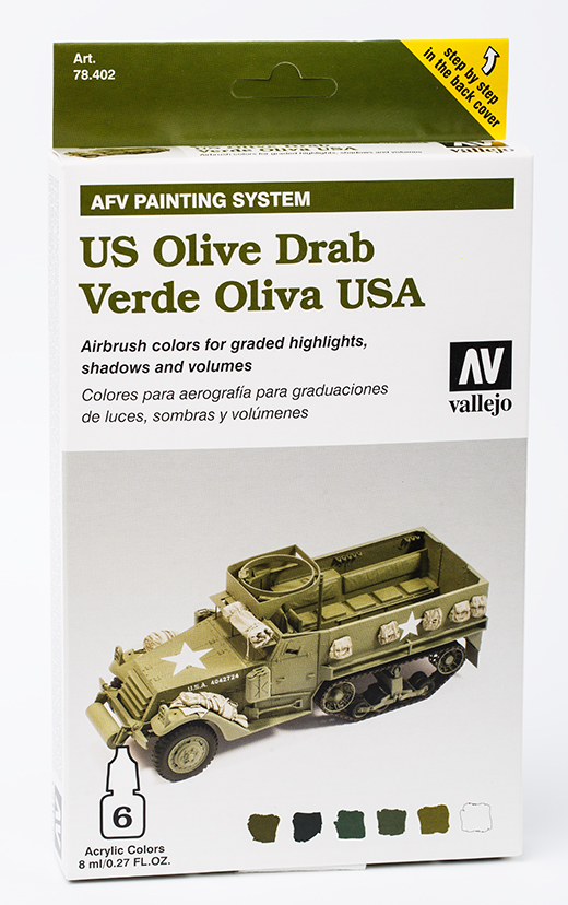 Vallejo Paint Set  _ 78402 _ AFV Painting System _ US Olive Drab (4 Colors, 1 Surface Primer, 1 Varnish, Model Air)