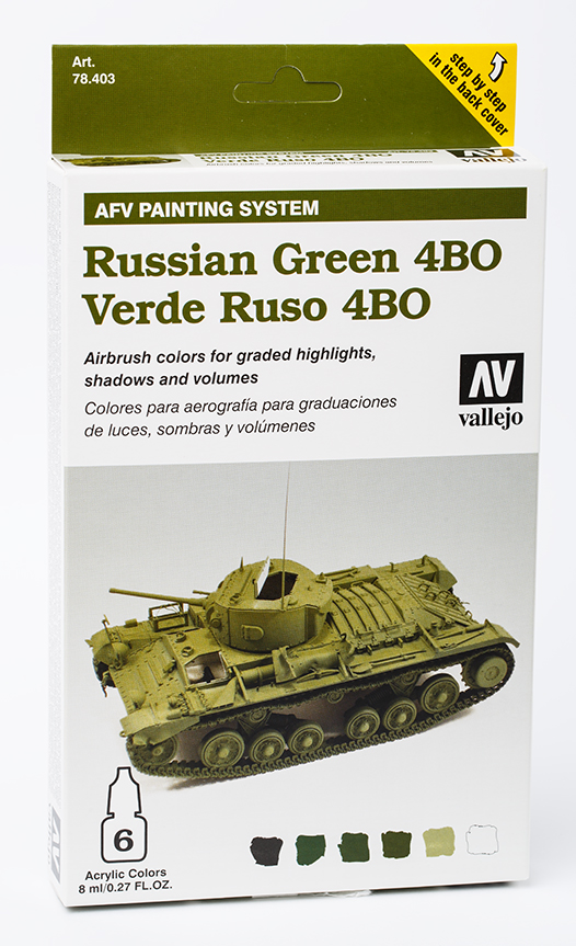 Vallejo Paint Set  _ 78403 _ AFV Painting System _ Russian Green 4BO (4 Colors, 1 Surface Primer, 1 Varnish, Model Air)