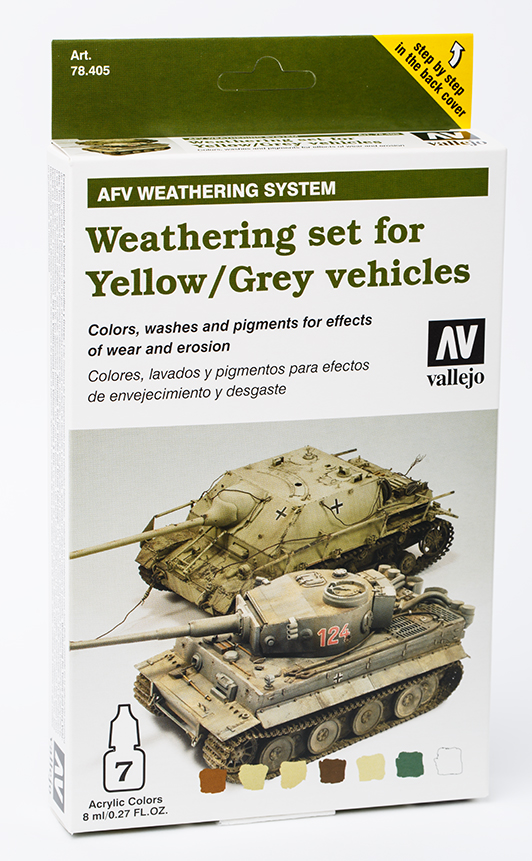 Vallejo Paint Set  _ 78405 _ AFV Painting System _ Weathering for Yellow / Grey vehicles (3 Colors, 2 Wash, 2 Pigments, Model Color) (* 단종)