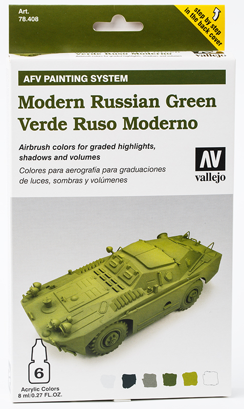 Vallejo Paint Set  _ 78408 _ AFV Painting System _ Modern Russian Green (4 Colors, 1 Surface Primer, 1 Varnish, Model Air) (* 단종)